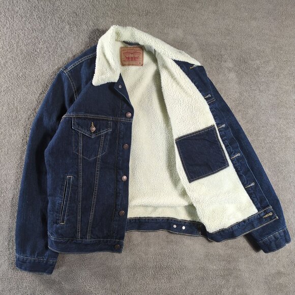 Levi’s Sherpa Denim Jacket Mens M Blue Faux Shearling Trucker Dark Wash Western - Picture 2 of 10